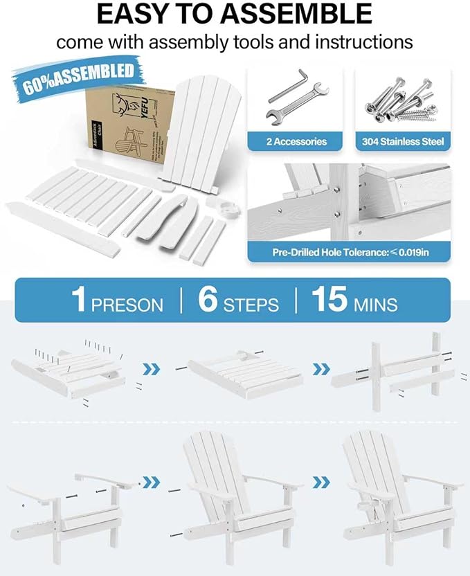 YEFU Adirondack Chair Weather Resistant: Outdoor Chair HIPS Plastic Adirondack Chairs - Patio Chairs with Wood Texture - Lawn Fire Pit Deck Porch Garden Chairs for Adults (White)