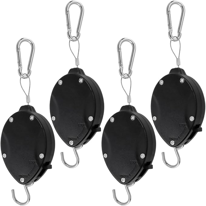 Retractable Plant Hanger Outdoor, Heavy Duty Adjustable Pulley with 63" Stainless Steel Rope, Pull Down Double Hooks for Hanging Baskets, Bird Feeders & Planters(4Pcs)