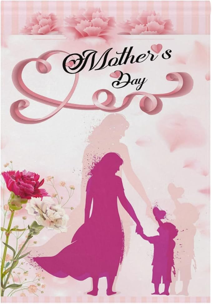 Wamika Mother's Day Garden Flag Pink Flowers Carnations Double Sided Flags 28" x 40" Happy Mothers Day Love Hearts Large House Flag House Banner Yard Outdoor Porch Decorations