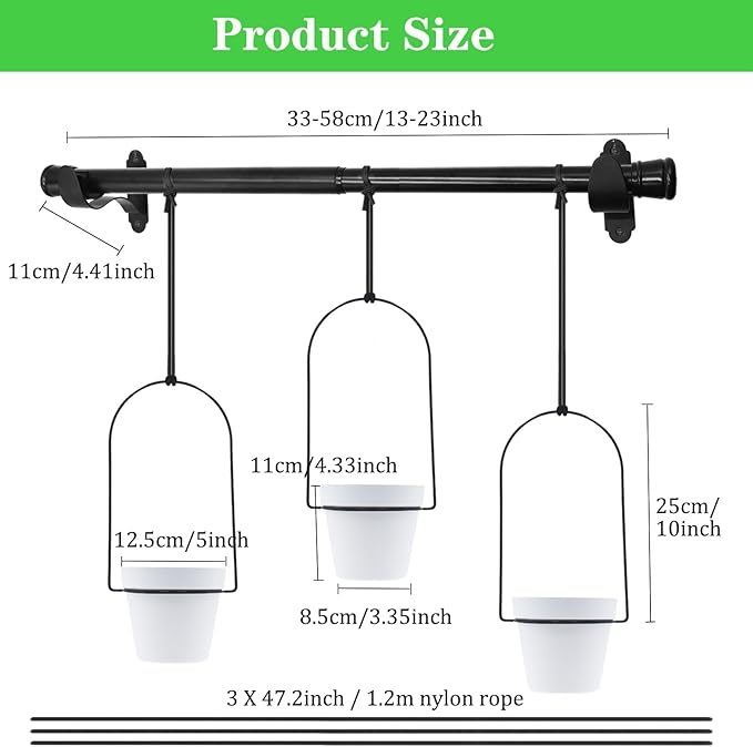 Hanging Planters for Indoor Plants Plant Hanger, Adjustable Hanging Window Planter Hanging Wall Planter for Garden, 23in Plant Shelves Metal Holder Rod with Pots (Black)
