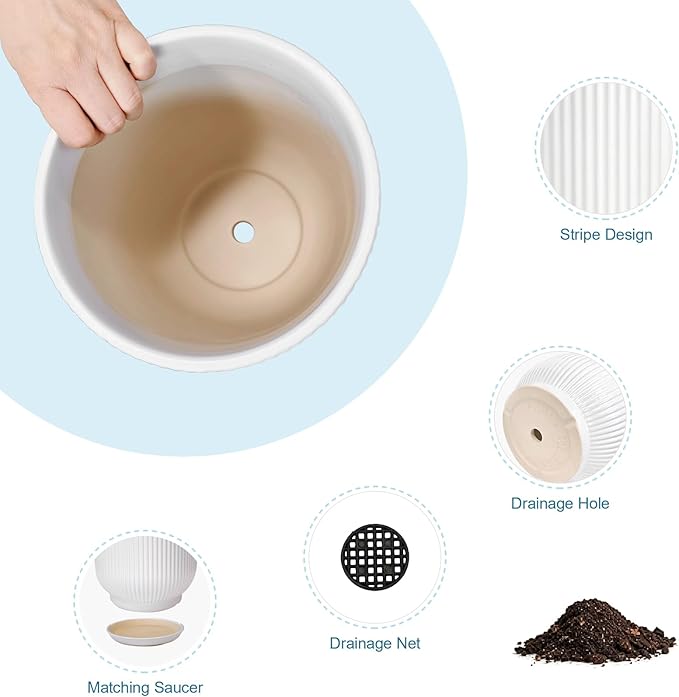 Deep Dream 8 Inch Ceramic Pots for Plants, Heavy Plant Pot for Indoor Outdoor Plants, Large Plant Pot with Drainage Hole and Saucer, Modern Tall Flower Pot, Gifts for Plant Lovers, White