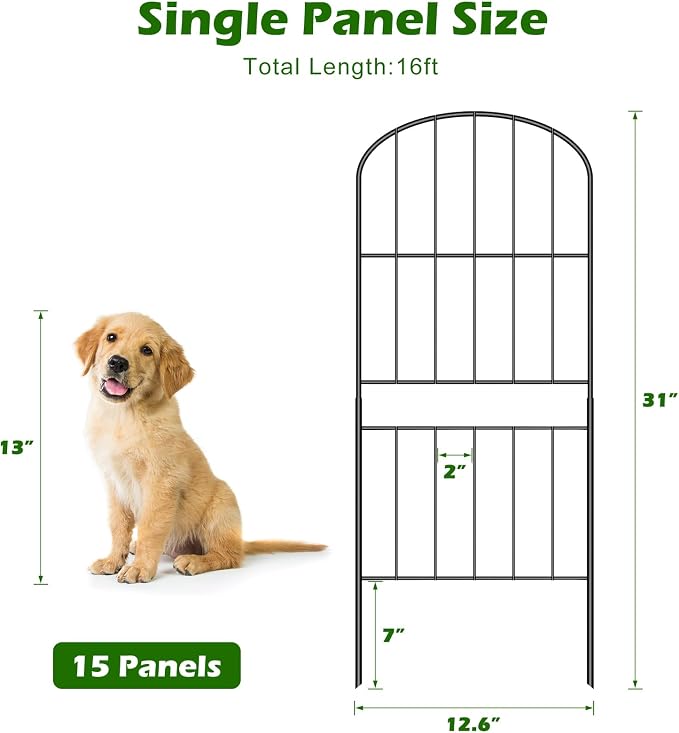 mapleway 31in(H) Garden Fence, 16ft(L) Dog Fence Outdoor for Yard, Decorative Garden Fencing Metal Panels Borders Stakes Animal Barrier for Yard Backyard, Arched
