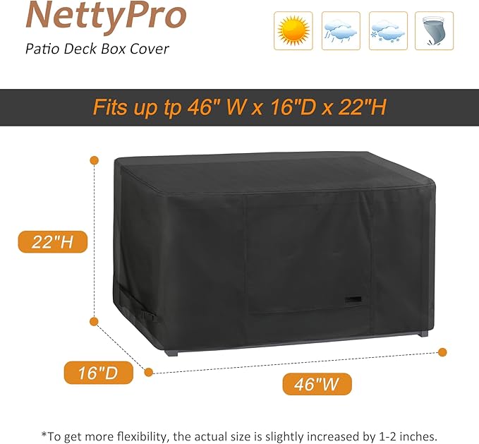 NettyPro Deck Box Cover Outdoor Waterproof Storage Bench Cover for Rectangular Deck Box, 46 x 16 x 22 inch, Black