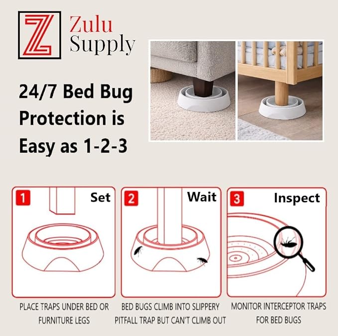 Bed Bug Interceptor Traps – White 8-Pack Passive Monitor & Detection Trap – Universal Fit for Bed & Furniture Legs – Reusable Non-Climbable Wall Pest Control Protection (White 8-Pack)