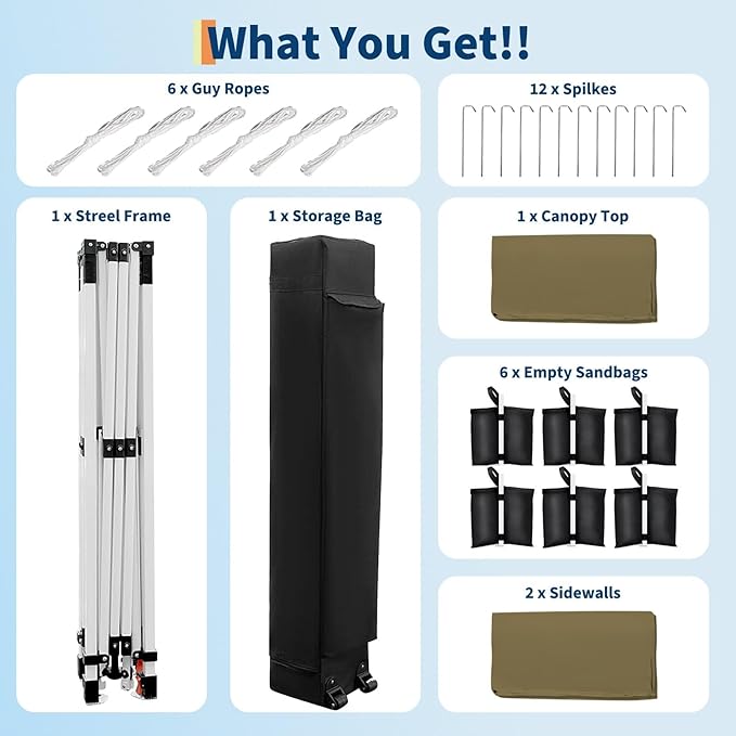 10'X20' Commercial Gazebo Pop-Up Canopy Tent, 5-Minute Setup No Tools Needed, 2 Sidewalls, 8 Stakes & 6 Sandbags, 210D Oxford UV Protection with Roller Bag for Farmers' Market, Wedding, Parties
