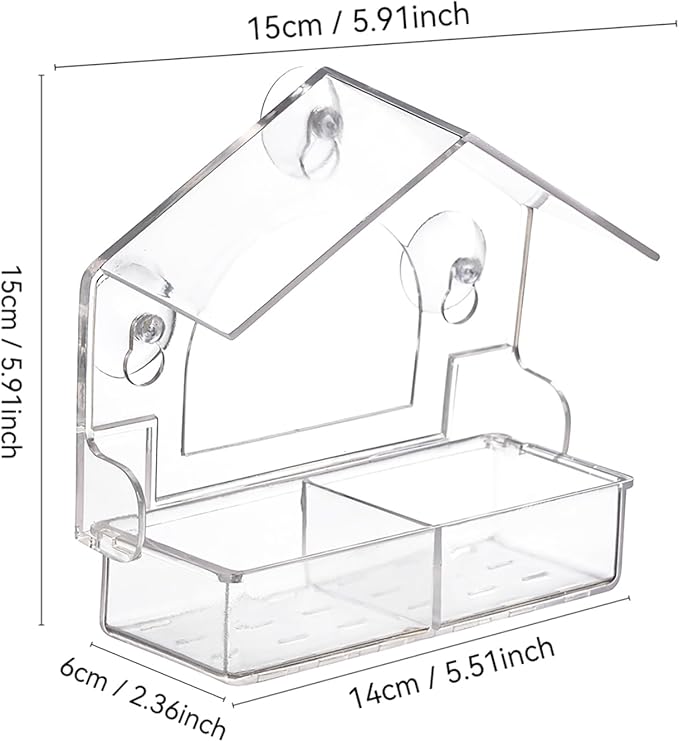 Window Bird Feeder with 3 Extra Strong Suction Cups, Clear Birdfeeders Bird House for Outdoors Window Viewing Outside, Removable Tray Birdhouse
