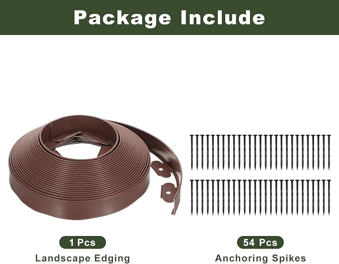 uxcell Landscape Edging, 1Pcs 60FT x 2" - Garden Edging Kit with 54 Stakes, Landscape Edging Border for Garden Lawn Flower Bed Yard Grass (Brown)
