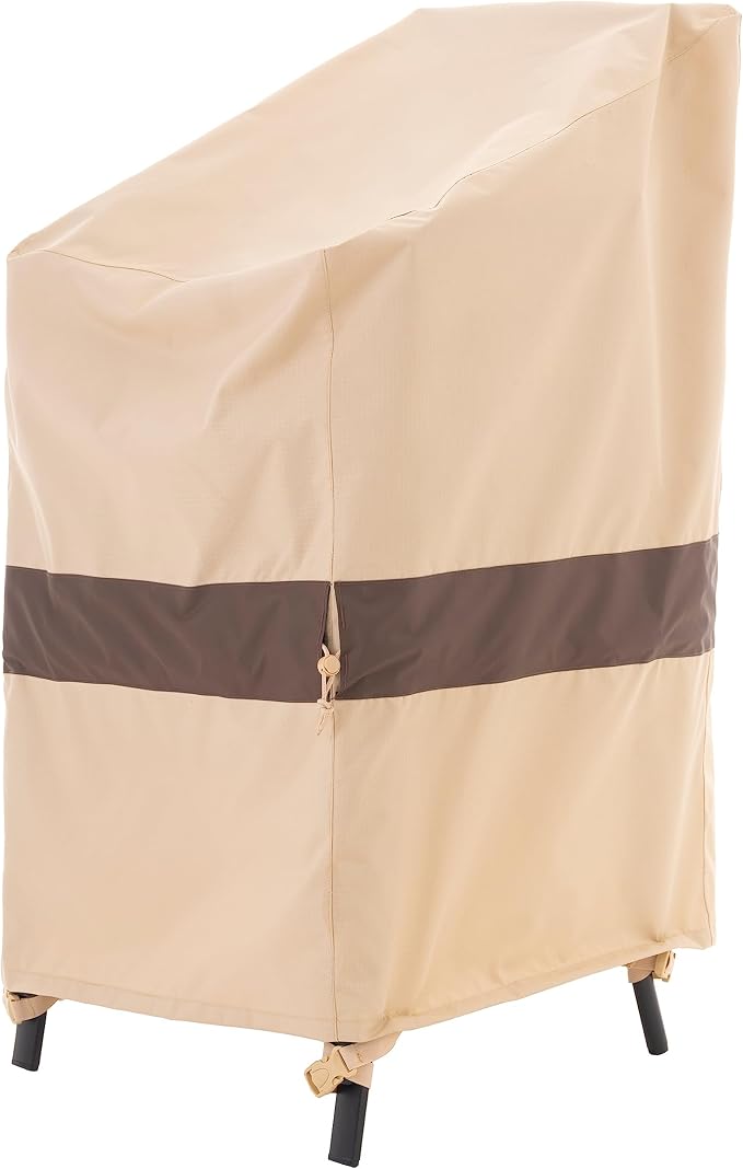 WJ-X3 Stackable Patio Chair Cover, Heavy Duty, Wind Resistant and Waterproof Outdoor Lawn Chair Covers, 28W x 36D x 45H, (4-6 Stacked Chairs), Beige/Coffee, 1-Pack