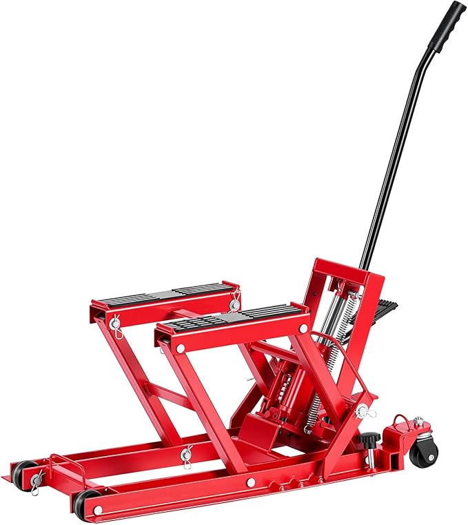 VEVOR Hydraulic Motorcycle Lift Jack, 1500 lbs Capacity, ATV Lift Jack Portable Motorcycle Hoist Stand with 4 Wheels, 4.5"-15.2" Height Range, Hydraulic Foot-Operated Hoist Stand for ATVs, Dirt Bikes