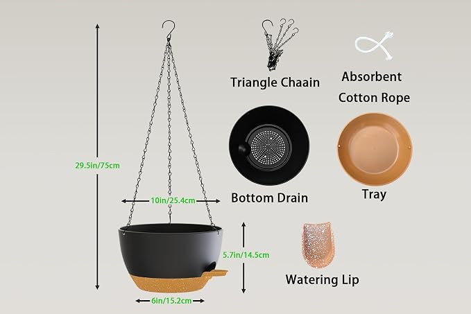Hanging Planters, 3-Pack 10 Inch Self-Watering Pots with Drainage Holes and Chains, Matte Plastic Planters for Indoor/Outdoor Plant（Black Brown）