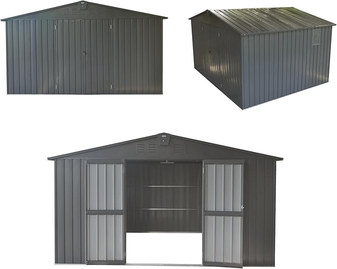 Christopher Knight Home Avonn Backyard Storage Shed 11' x 12.5' with Galvanized Steel Frame & Windows, Outdoor Garden Shed Metal Utility Tool Storage Room with Lockable Door for Patio(Dark Gray)
