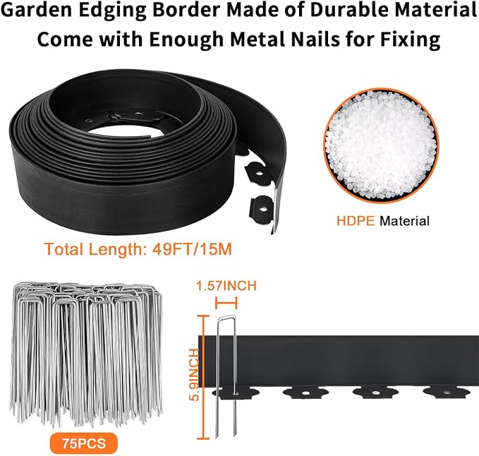 Landscape Edging 3IN x 49FT, Plastic Garden Edging Border Kit Flexible Edging for Landscaping with 75pcs Metal Spikes, Tool-Free Lawn Edging for Flowerbeds, Yard, Paving, Pathway