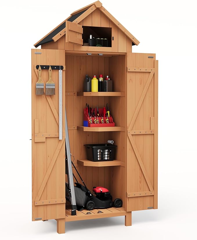 Outdoor Storage Shed, Small Waterproof Garden Tool Shed with 3 Shelves, Roof Storage & Lockable Doors, Compact Wood Storage Cabinet for Patios, Backyards, Balconies, Natural