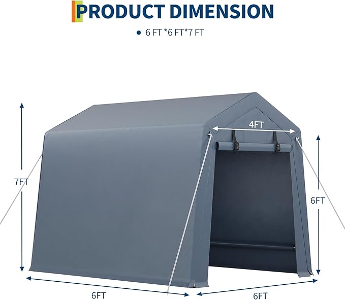 6X6 ft Heavy-Duty Portable Motorcycle Storage Shed with Roll-Up Door & Vent, 220g Waterproof PE Tarp & UV Protection, Motorcycle Shed for Motorcycles, Firewood, Garden Tools - Gray