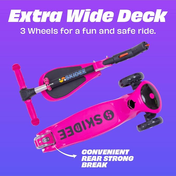 SKIDEE Kick Scooter for Kids Ages 3-5 | Foldable 3 Wheel Scooter with Lean-to-Steer, Adjustable Height, Removable Seat & LED Light Wheels | Toddler Scooter Up to 12 Year Old Boys/Girls