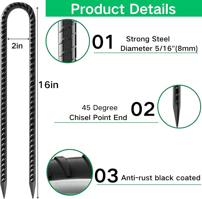 Rebar Stakes 16 Inch 8-Pack Heavy Duty U Hook, Premium Black Coated Ground Stakes for Trampolines, Wire Fencing, Shed Swing, Dog Fence
