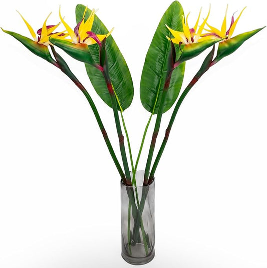 Artificial Bird of Paradise Flowers Real Touch 31.5'in Long Stem Flower 4 Pcs, with Bird of Paradise Leaves 33.5'in Long Stem Greenery Plants 2 Pcs,for Home Garden Wedding Party Decor (Yellow 6 Stems)