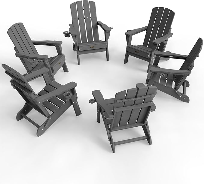 Folding Adirondack Chair 6 Pack, HDPE All-Weather Fire Pit Chairs, Plastic Adirondack Chairs with 2 Cup Holder, Outdoor Lawn Chair for Patio Garden (Grey)