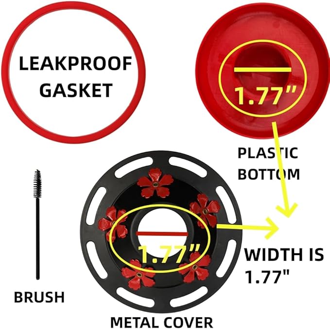 WOSIBO Hummingbird Feeder Replacement Bottom Base Replacement Part Includes Red Plastic Base Metal Top and Brushes (Black Circle)