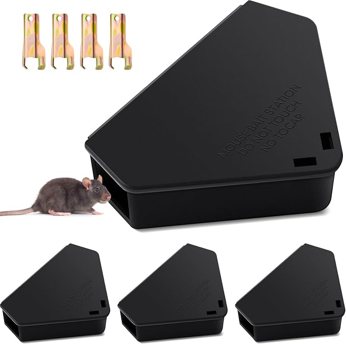 Qualirey 4 Pcs Mice Station with Key Triangle Mouse Station Lockable Reusable Bait Box, Enclosed Design for Indoor and Outdoor Use, Suitable for Small Mice (Black)