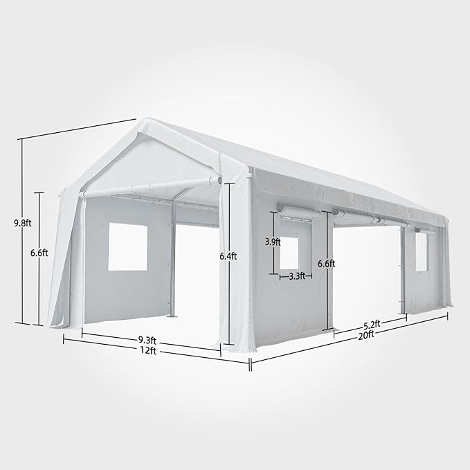 12x20FT Portable Garage, 12'x20' Carport Heavy Duty, Galvanized Frame & 180 g PE Waterproof Canopy, with 4 Doors (Included 2 Side Doors), and 4 Windows, for Pickup Truck, and Boat