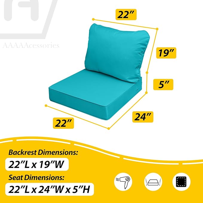 AAAAAcessories Outdoor Seat Cushions for Chairs, Fade-Resistant, Waterproof Patio Furniture Replacement Cushions, 22" x 24" x 5" + 22" x 19", Turquoise Blue