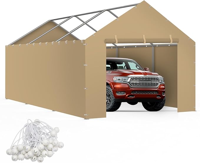 Carport Replacement Canopy Cover Sidewalls for 10x20x9.35FT Frame, Heavy Duty Garage Car Tent Shelter Tarp with Ball Bungees, Waterproof & UV Protected (Frame is not Included) (Beige)