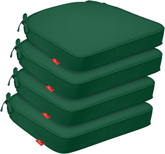Outdoor Chair Cushions Set of 4, 17x16 Inch U-Shape Patio Seat Cushions with Ties, Water & Fade Resistant High Density Foam Cushions for Garden Patio Chairs, Green