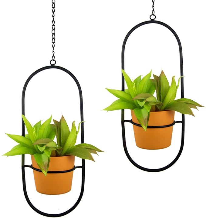 Modern Metal Hanging Planters with 5 Inch Pots - Set of 2 Oval Geometric Plant Hangers - Black Wall and Ceiling Mount Flower Holders for Indoor and Covered Outdoor Houseplants