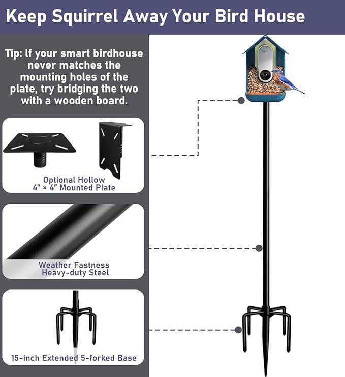 90 Inch Smart Bird Feeder Pole with 5-Prong Base, Adjustable Bird House Pole Mount Kit for Outdoors, Heavy Duty Bird Feeder Stand for Wild Birds Watching, Black