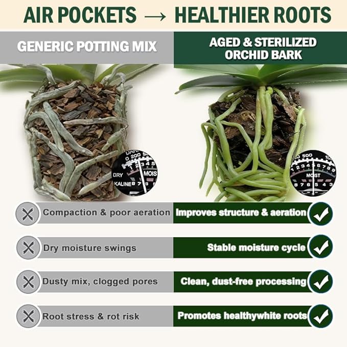 Orchid Potting Bark, Natural Pine Bark Chips 8–18mm, Low Fines Screened, Fast Drainage & Root Aeration, 2 Quarts, Growing Media for Plants