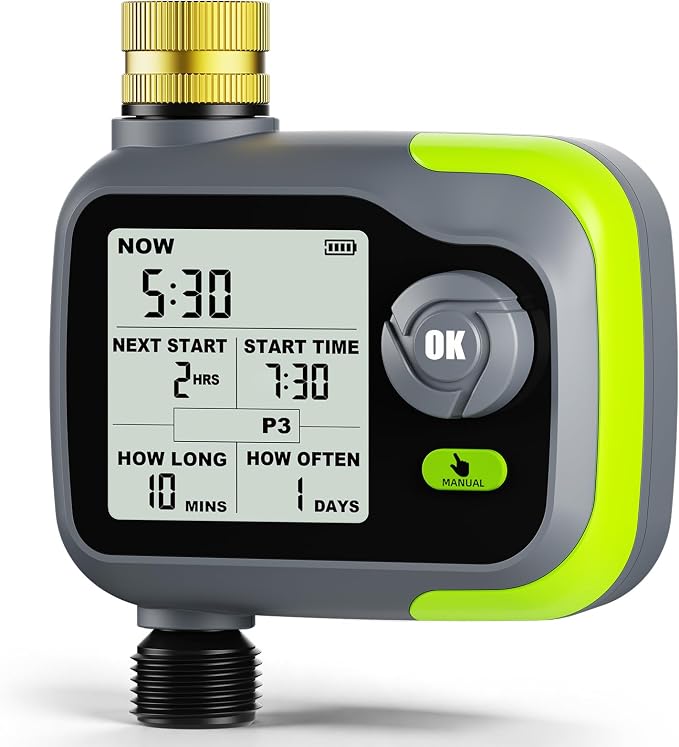 Sprinkler Timer, Watering Timer Brass Inlet for Garden Hose, Programmable Hose Timers w/Rain Delay, Outdoor Soaker Auto& Manual Drip Irrigation Controller System for Lawn Yard Greenhouse