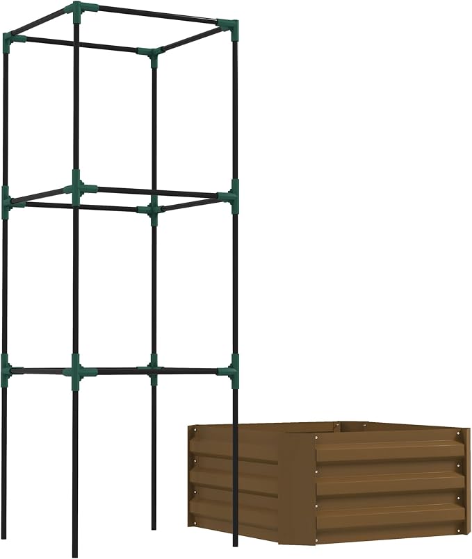 Outsunny Galvanized Raised Garden Bed, 55" Tall Outdoor Planter Box with Trellis Tomato Cage and Open Bottom for Climbing Vines, Vegetables, Flowers in Backyard, Garden, Patio, Brown