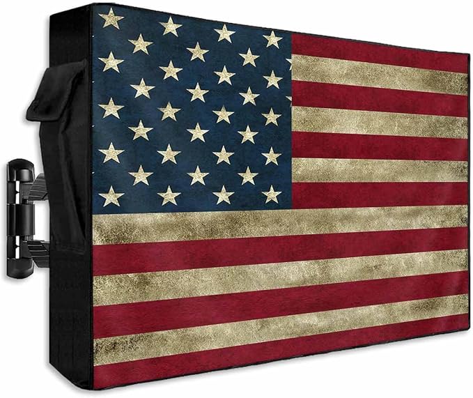 American Flag Outdoor TV Cover 70 to 75 Inch Weatherproof, Vintage Red Stripes 600D Oxford TV Covers with Waterproof Zipper, USA Flag Outside Flat TV Screen Protector Size 68"W x 42"H x 4.5"D