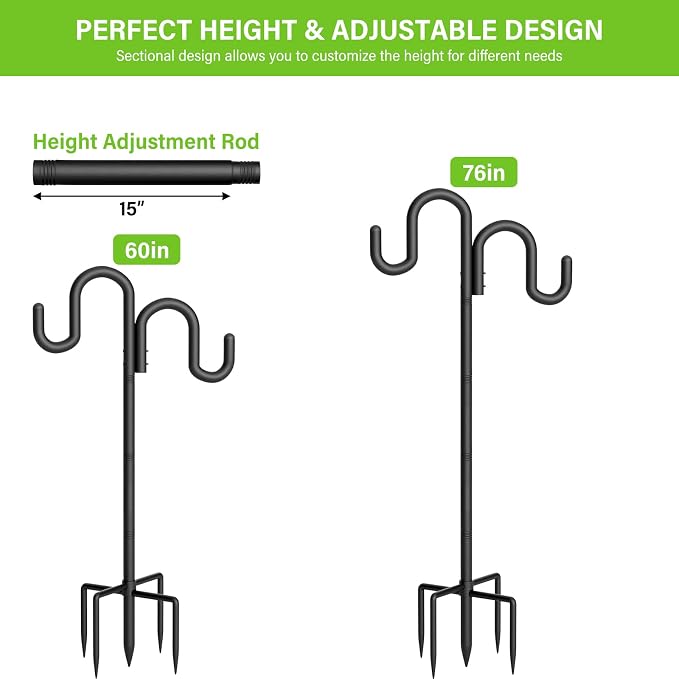 Double Shepherd Hook for Outdoor, 76" Heavy Duty Bird Feeder Pole with 5-Prong Base, Adjustable Thickened Shepherd Hook for Bird Feeder, Flower Baskets, Solar Lights, Lanterns, Black, 2 Pack