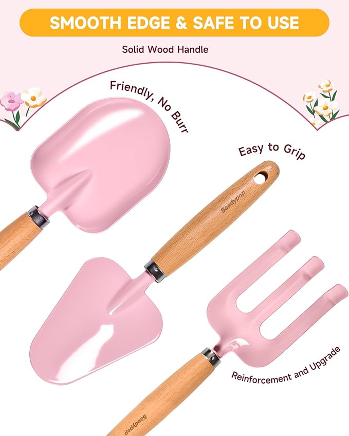Handmade Kids Gardening Tools Set - 8Pc Artisan Garden Kit with Real Wood Handles, Metal Heads, Bunny Hat, Apron & Tote - Educational Nature Gift for Toddlers & Girls (Pink Floral)