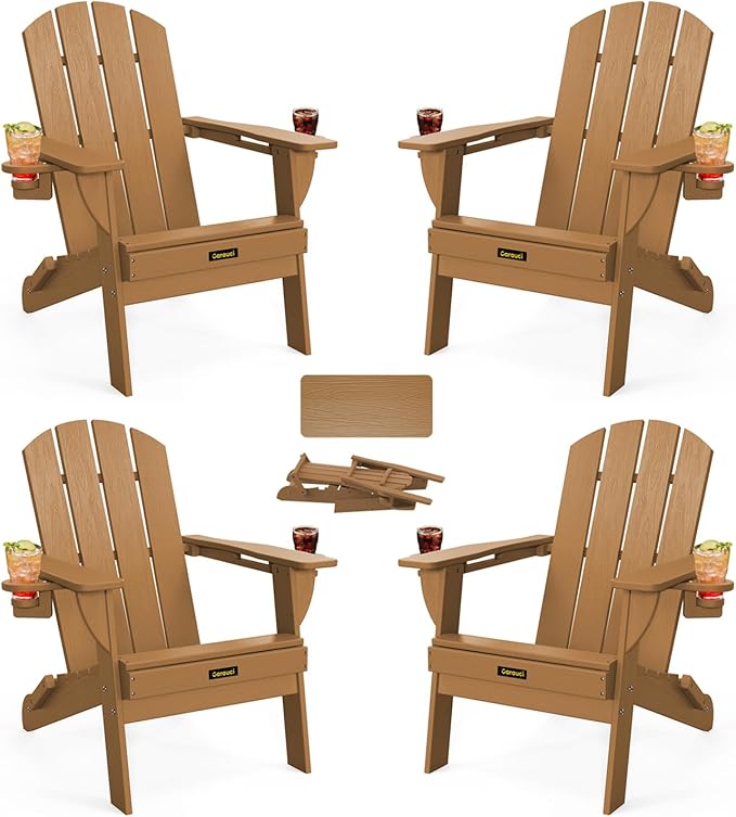 Folding Adirondack Chair Set of 4, Wooden Textured Plastic Adirondack Chairs with 2 Cup Holder, Weather Resistant HDPE Fire Pit Chair, Outdoor Patio Chairs for Garden, Backyard, Lawn, Deck, Teak