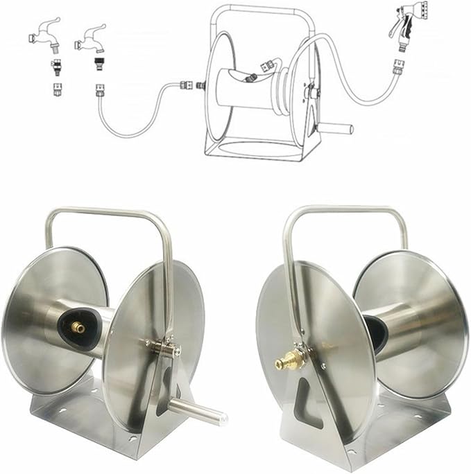 Stainless Steel Garden Hose Reel, Wall Mount or Floor Mounted with 3/4 Inch Brass Fittings Lead hose, 165 Ft Capacity with portable hose reels & Crank Handle
