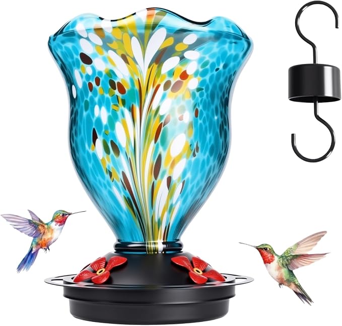 Vase Shaped Hummingbird Feeder for Outdoors, Hand Blown Glass Hummingbird Feeders for Outdoors Hanging with 4 Feeding Ports, Leak-Proof Bird Feeder- Garden Decor Gifts for Women(Blue)
