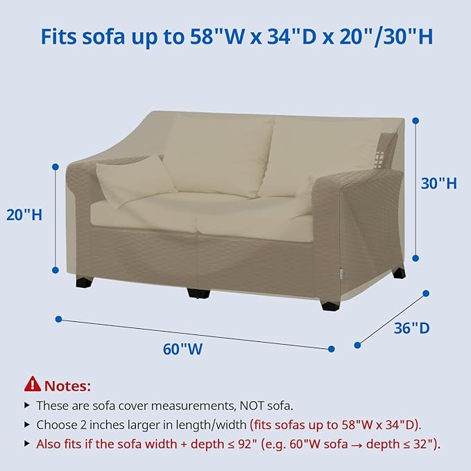 SunPatio Outdoor Sofa Cover 60 Inch, Heavy Duty Waterproof Patio Loveseat Cover 2-Seater, All Weather Protection Outdoor Couch Protector for Patio Furniture, 60" W x 36" D x 30" H, Taupe