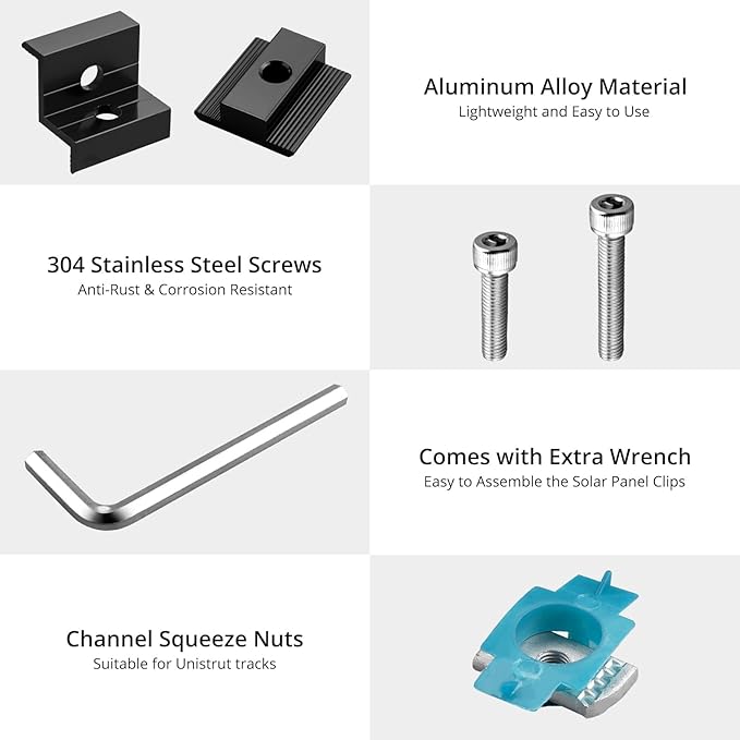 Anbte 10 PCS Solar Panel Mounting Brackets for Unistrut, Aluminium 30mm/35mm 6 x T-Shaped Mid Clamps + 4 x End Clamps, Solar Panel Mounting Kit for Metal, Tin, Flat, Sheet Roofs, RV, Black