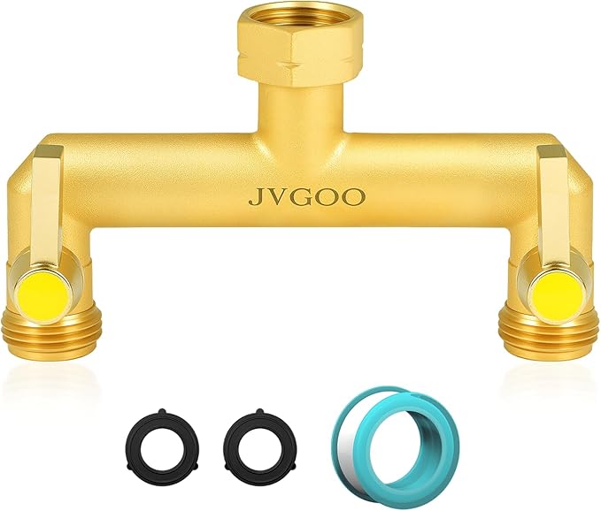 Garden Hose Splitter, Brass 2 Way Hose Splitter, 3/4" Water Hose Splitter 2 Way Heavy Duty with Metal Shutoff Valve and Extension Handle, Outdoor Faucet Splitter Water Spigot Splitter Manifold