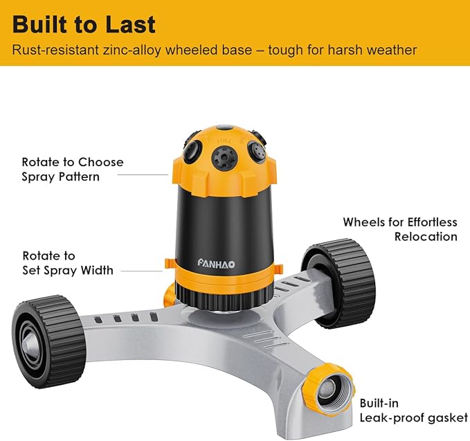 FANHAO Gear Drive Lawn Sprinkler with Metal Wheel Base, Heavy Duty 6-Pattern Water Sprinkler System, Adjustable Irrigation Sprinkler for Large Area Watering, Garden Plant, Yard and Flower Bed