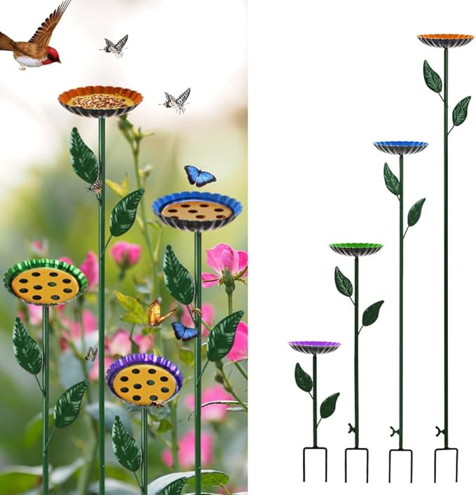 DREAMSOUL 4 Pack Bird Bath with Bee Feeder, Metal Colorful Bee Watering Station Bird Bath for Outside Yard Decor
