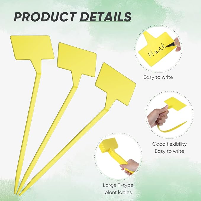 Yinkin 100 Pcs Large Plant Label Signs 11.8 Inch Plant Markers Plastic Garden Label Stakes Waterproof T Type Tags Nursery Garden Signs with Marker Pen for Flower Herb Pot(Yellow)