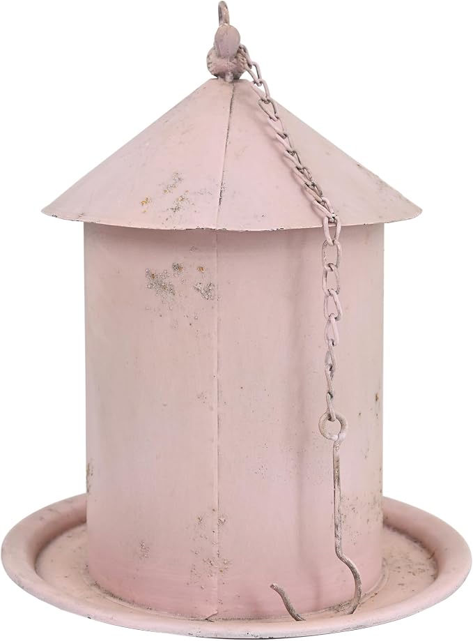 Vintage Pink Metal Bird House Feeder, Distressed Floral Embossed Hanging Birdhouse with Tray, Rustic Farmhouse Decorative Bird Nest Box for Outdoor Garden, Patio, Yard