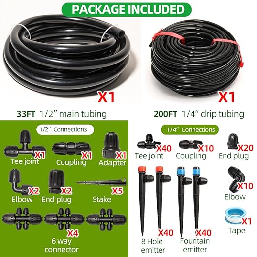 233FT Drip Irrigation System for Garden Kit with 1/2 Inch and 1/4 Inch Tubing Automatic Irrigation Equipment Locked Fittings Micro Drip 360 Degree Fan Sprayer Watering Kit for Greenhouse
