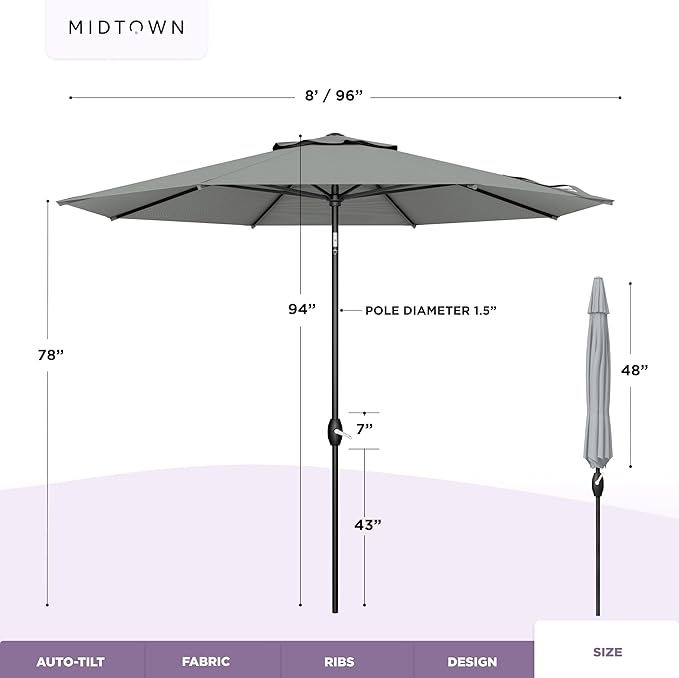 Midtown Umbrellas - 10-Year-No-Fade 8 Ft Patio Umbrella with Terylast Fabric, Auto-Tilt Aluminum Frame and 8 Reinforced Ribs for Deck, Pool, Garden & Beach - Matter Grey Canopy, Black Pole