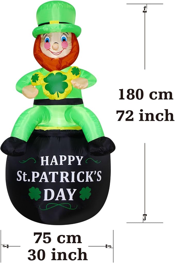 6 FT St. Patrick's Day Inflatable Leprechaun, Blow up Leprechaun Sits on Cornucopia Outdoor Decoration with LED Lights, for Yard Garden Lawn Front Door Holiday Decor (6FT Leprechaun on Cornucopia)