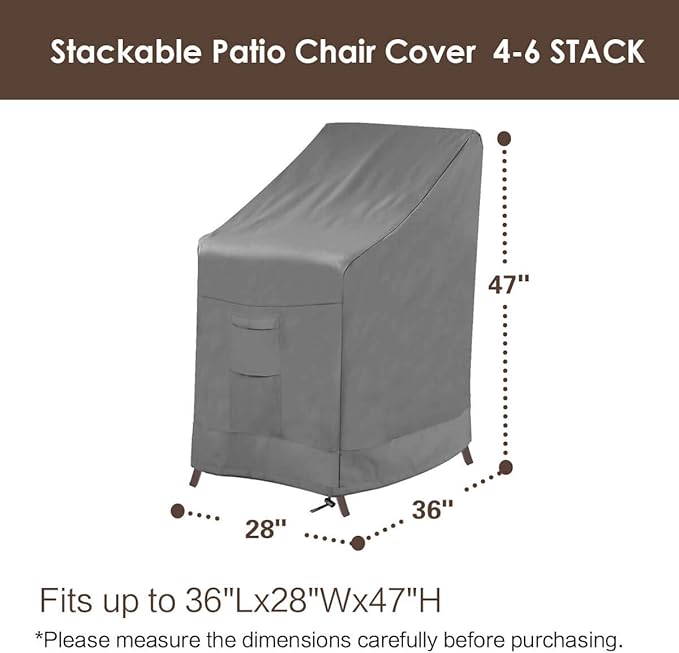 Vailge Stackable Patio Chair Cover,100% Waterproof Outdoor Chair Cover, Heavy Duty Lawn Patio Furniture Covers,Fits for 4-6 Stackable Dining Chairs,36"Lx28"Wx47"H,Grey